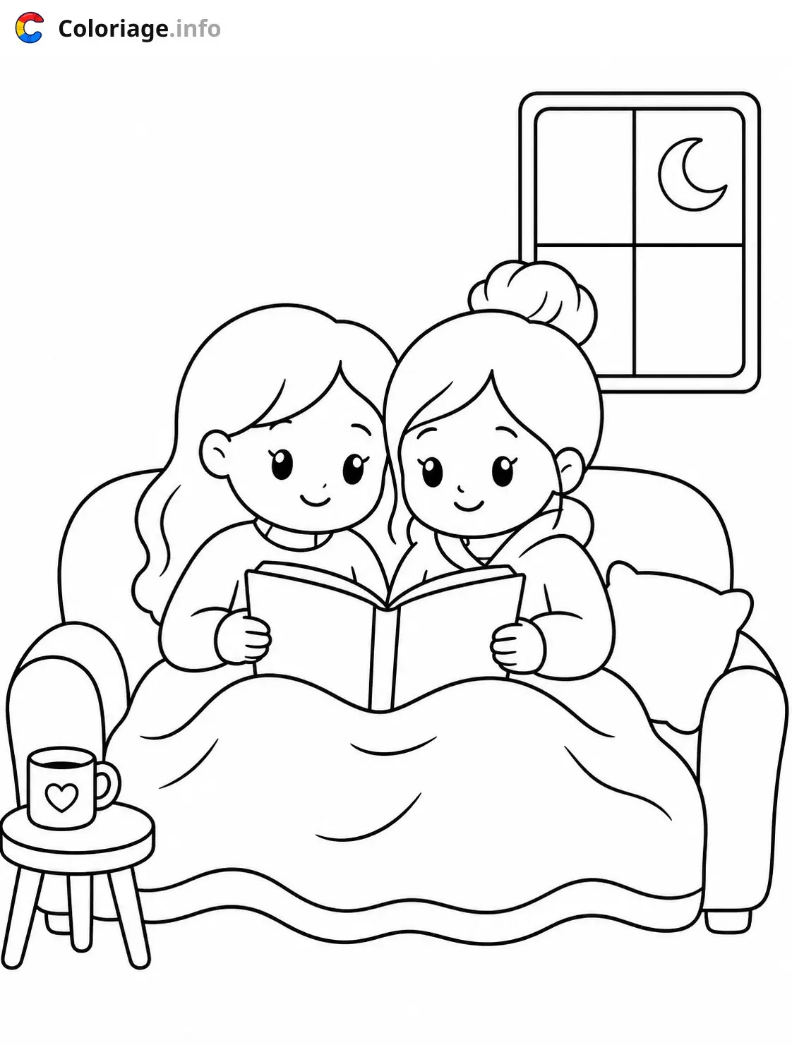 Coloriage Cozy Girl Deux filles lisant un livre - Cozy à imprimer