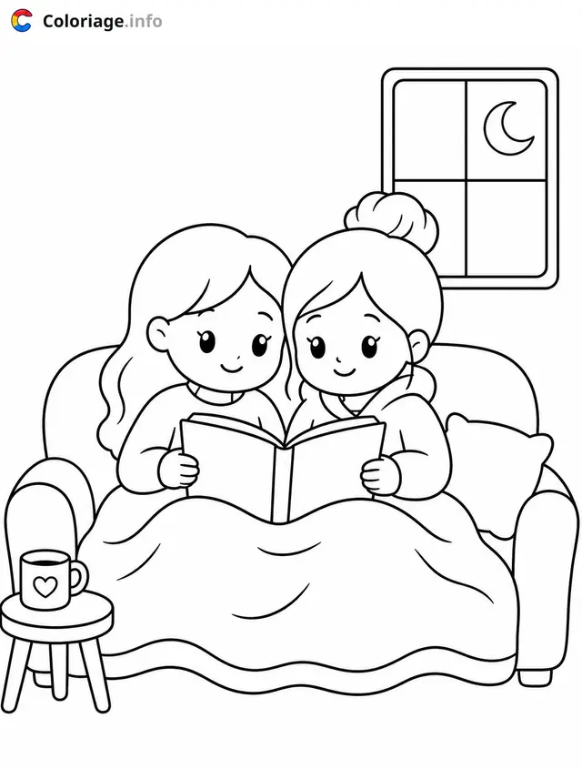 Coloriage Cozy Girl Deux filles lisant un livre - Cosy à imprimer