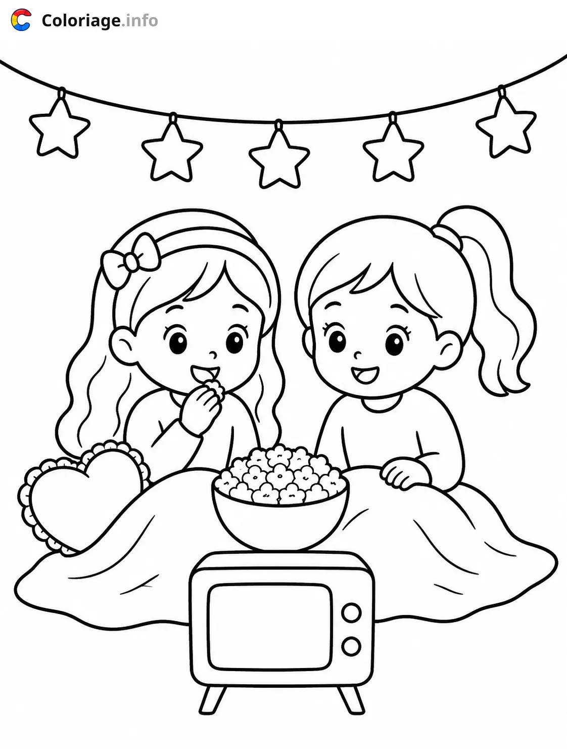 Coloriage Cozy Girl Deux filles regardant la télévision - Cozy à imprimer