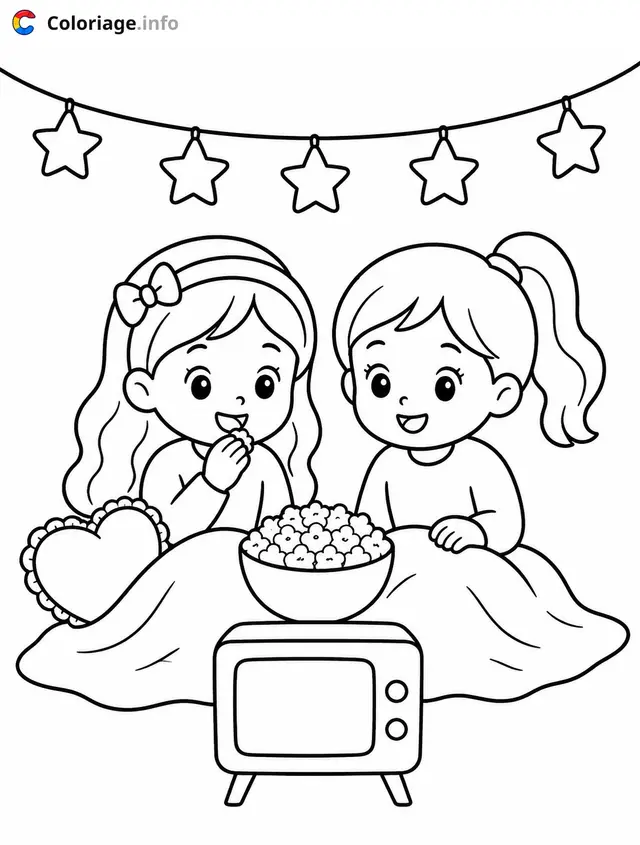 Coloriage Cozy Girl Deux filles regardant la télévision - Cosy à imprimer