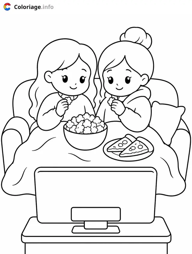 Coloriage Cozy Girl Deux filles regardant un film - Cosy à imprimer