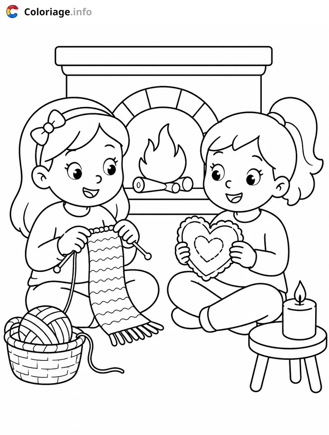 Coloriage Cozy Girl Deux filles tricotant près du feu - Cozy à imprimer