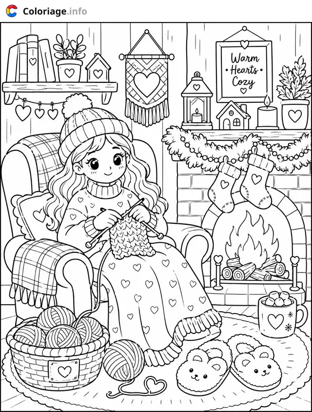 Coloriage Cosy Girl tricotant près du feu cosy - Cosy à imprimer