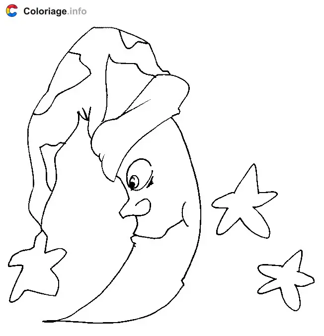 Sleepy Moon with a Nightcap Among the Stars coloring page to print