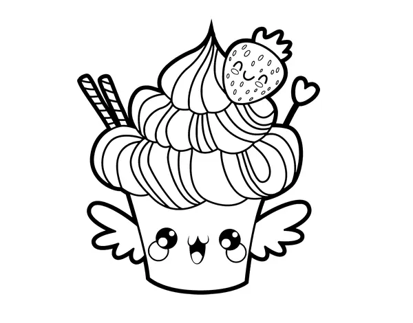 Kleurplaat Kawaii Aardbeien Cupcake om te printen