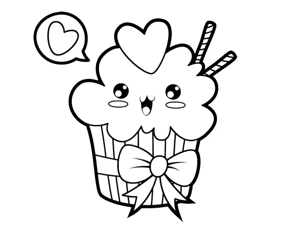 Kleurplaat Kawaii cupcake met strik om te printen