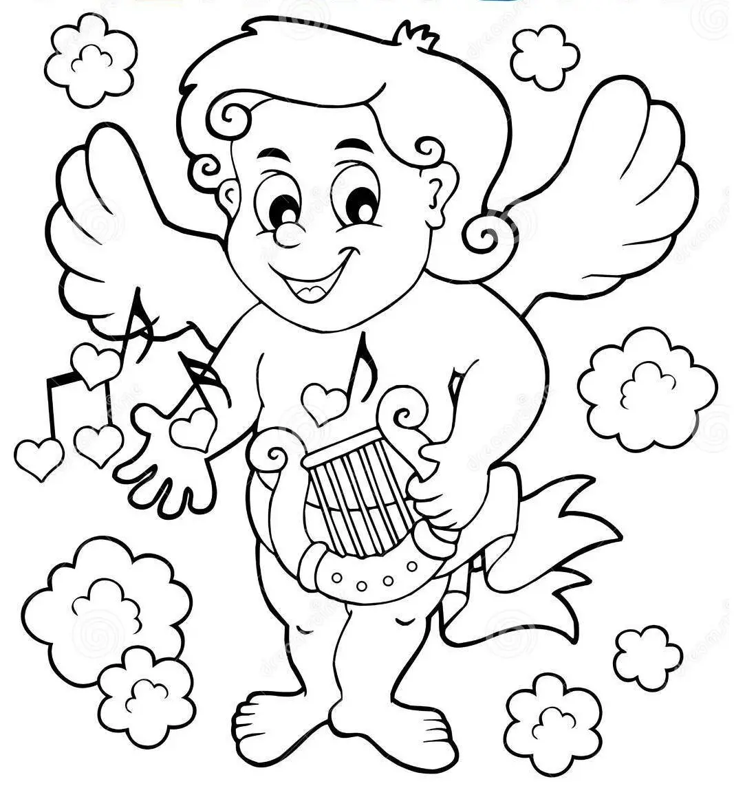 Coloriage Cupidon Joue De La Musique - Saint-Valentin à imprimer
