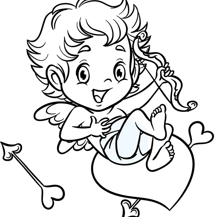 Coloriage Cupidon Sur Un Cœur - Saint-Valentin à imprimer