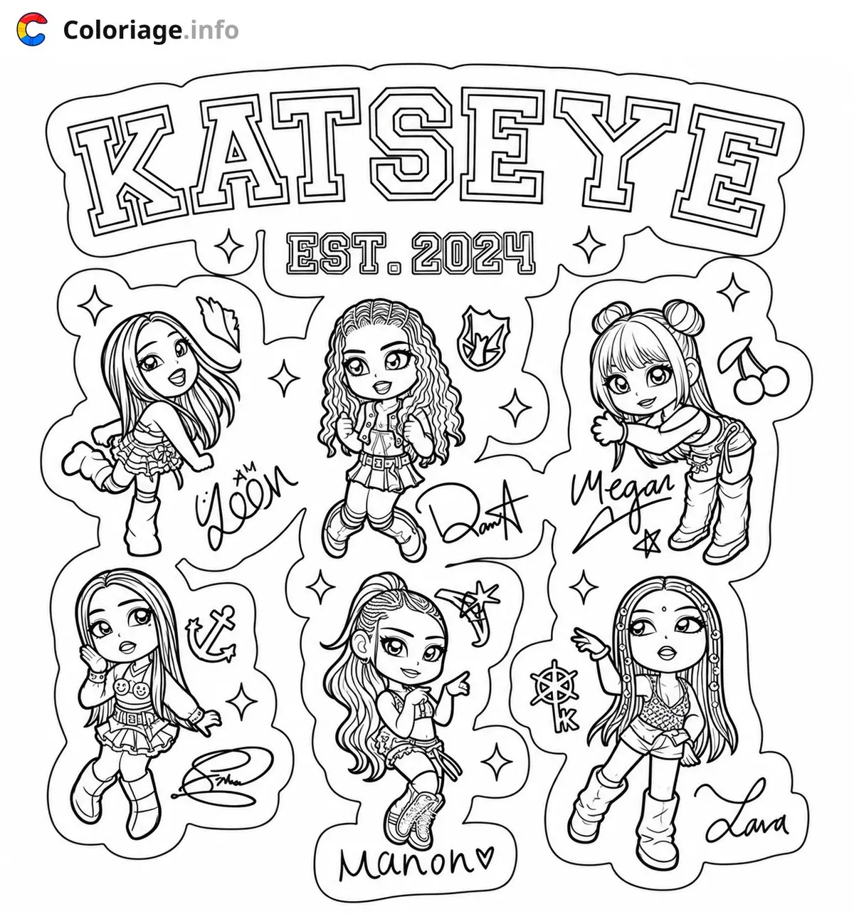 Daniela, Sophia, Lara, Yoonchae, Megan and Manon of Katseye coloring page to print