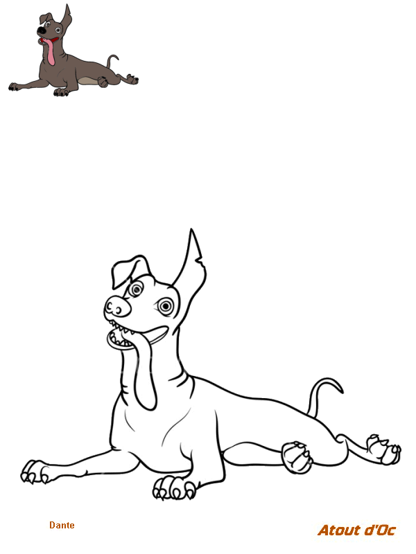 Ausmalbild Dante, der treue Hund von Miguel, ausgeruht und entspannt zum Ausdrucken