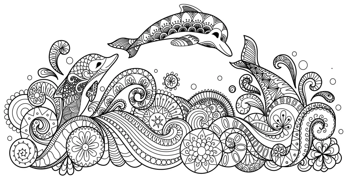 Coloriage Dauphins Mammifères Marins Dans La Mère - Adulte à imprimer
