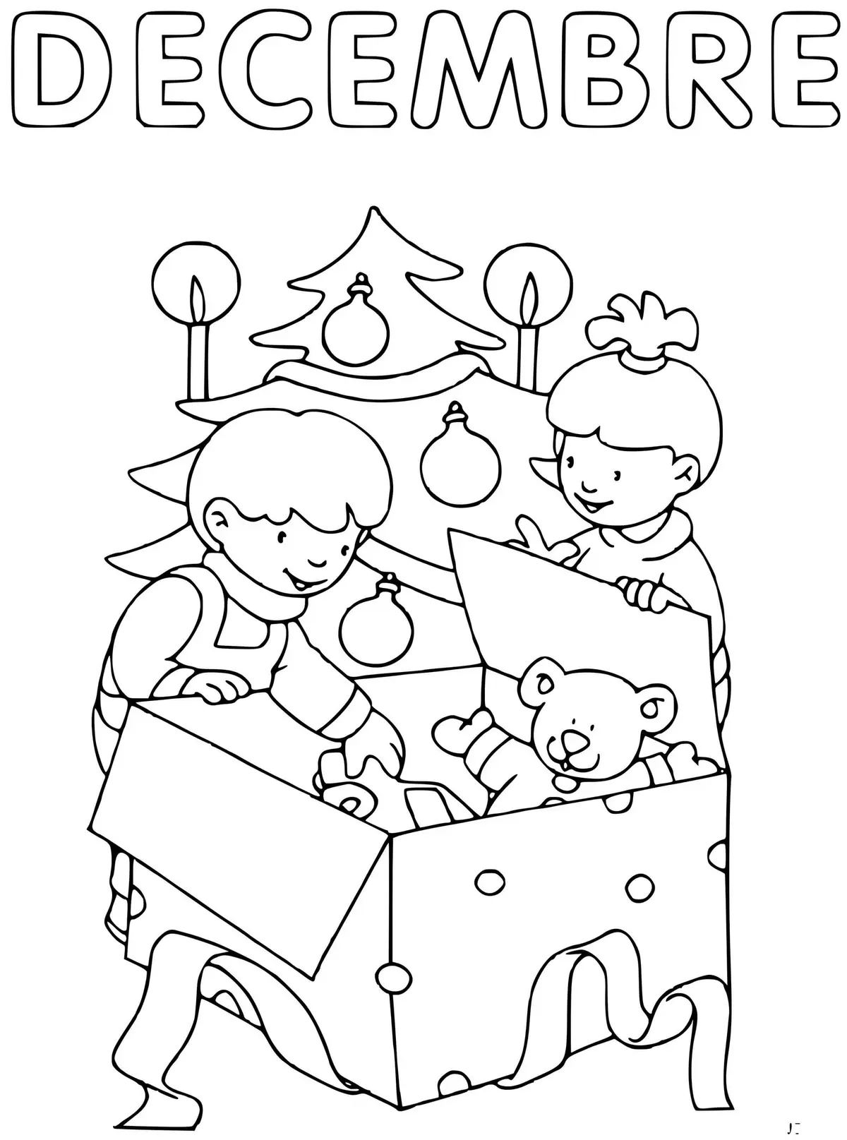 Desenho de Crianças Abrindo Presentes em Dezembro para colorir