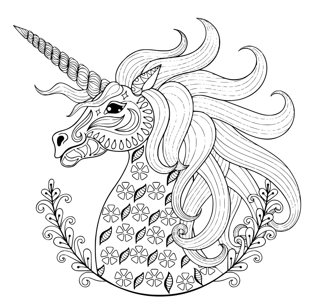 Ausmalbild Halbes Einhorn Mandala Magisch – für Erwachsene zum Ausdrucken