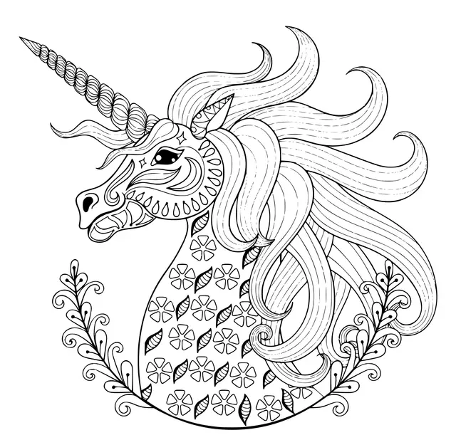 Ausmalbild Halbes Einhorn Mandala Magisch – für Erwachsene zum Ausdrucken