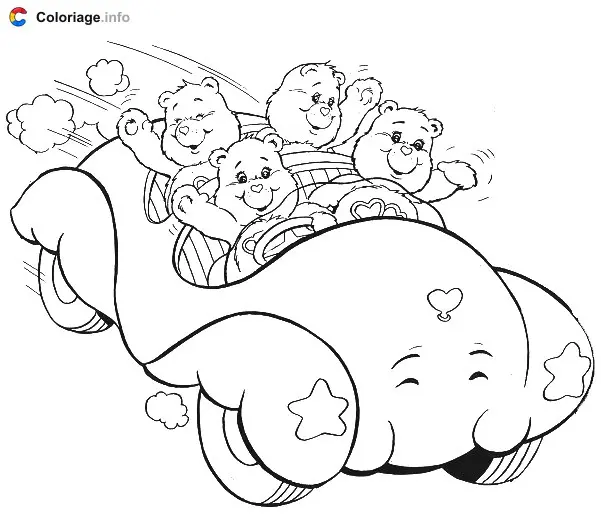 Coloriage Des Bisounours dans une voiture - Bisounours à imprimer