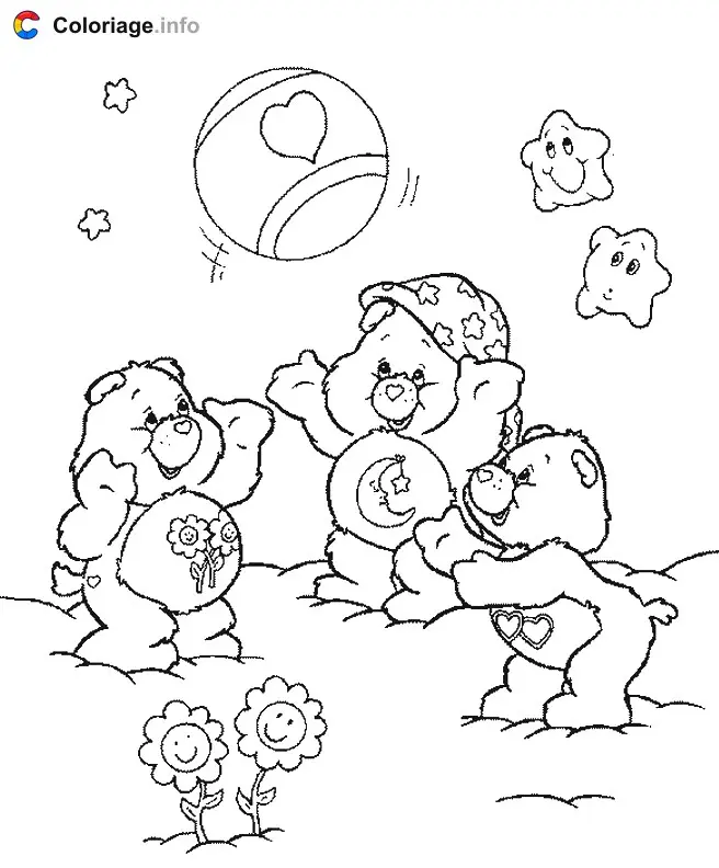 Coloriage Des Bisounours jouent avec un ballon - Bisounours à imprimer