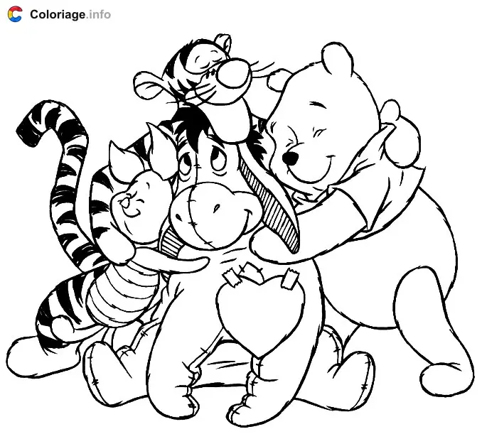 Winnie the Pooh with Tigger, Piglet, and Eeyore coloring page to print