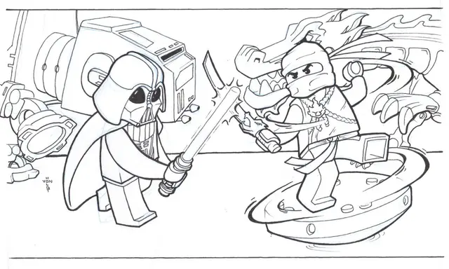 Coloriage Darth Vader combattant une Tortue Ninja - Lego à imprimer