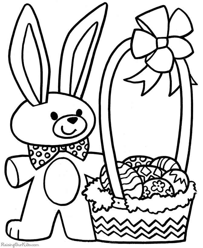 Coloriage Le lapin de Pâques avec son panier d'œufs - Pâques à imprimer