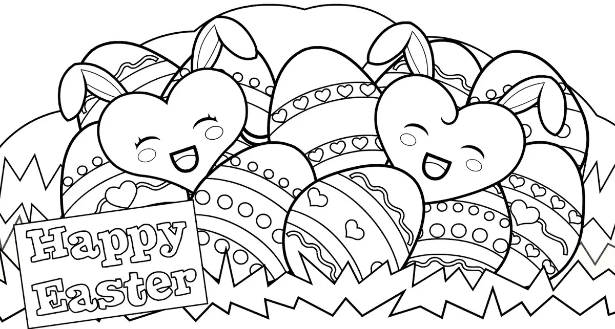 Coloriage Lapins joyeux avec œufs de Pâques décorés - Pâques à imprimer