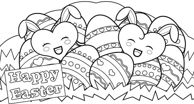 Coloriage Lapins joyeux avec œufs de Pâques décorés - Pâques à imprimer
