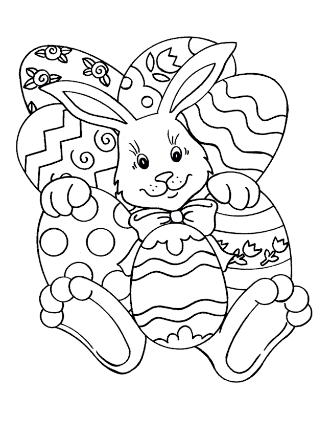 Coloriage Le Lapin de Pâques avec œufs décorés - Pâques à imprimer