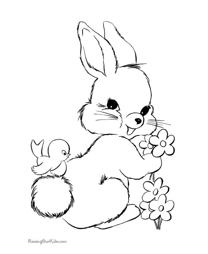 Coloriage Lapin de Pâques avec fleurs et poussins - Pâques à imprimer