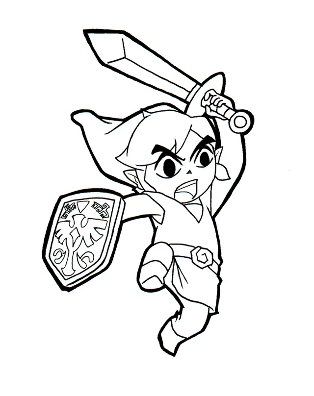 Coloriage Link armé brandissant son épée - Zelda à imprimer