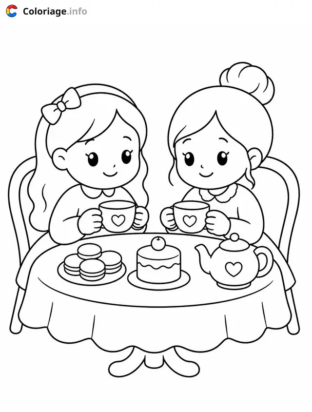 Coloriage Deux amies prenant le thé - Cosy à imprimer