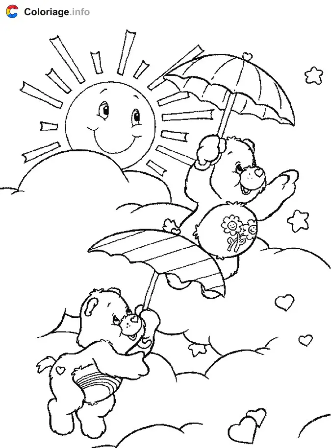 Coloriage Deux Bisounours avec des parapluies - Bisounours à imprimer