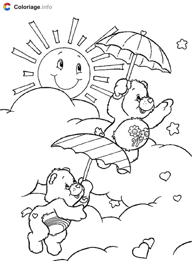 Coloriage Deux Bisounours avec des parapluies - Bisounours à imprimer