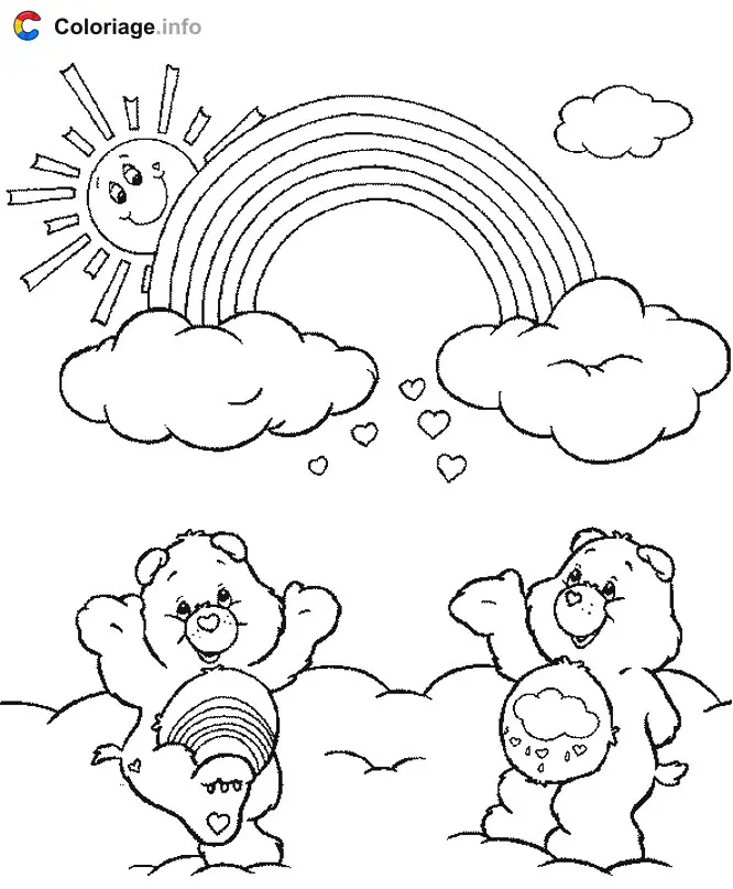Coloriage Deux Bisounours un soleil et un arc-en-ciel - Bisounours à imprimer