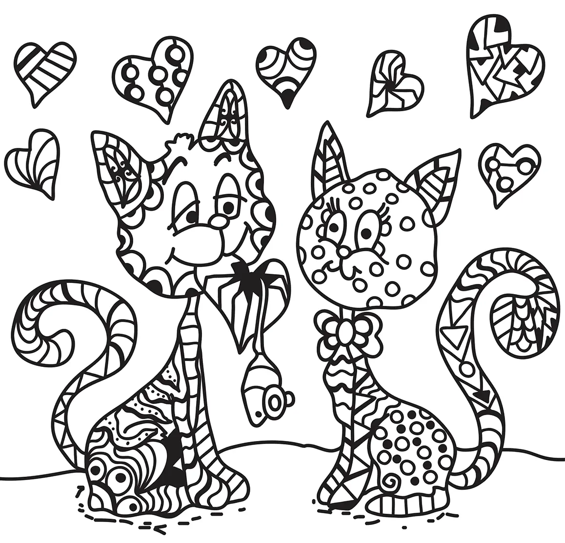 Coloriage Deux Chats En Amour Zentangle Adulte - Saint-Valentin à imprimer