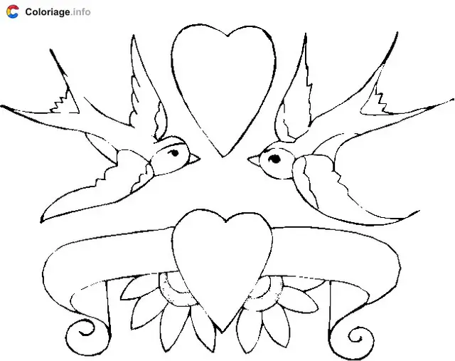 Coloriage Deux colombes et des cœurs - Mariage à imprimer