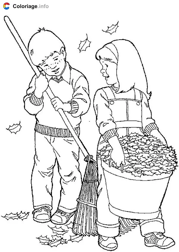 Coloriage Deux enfants ramassent des feuilles - Automne à imprimer