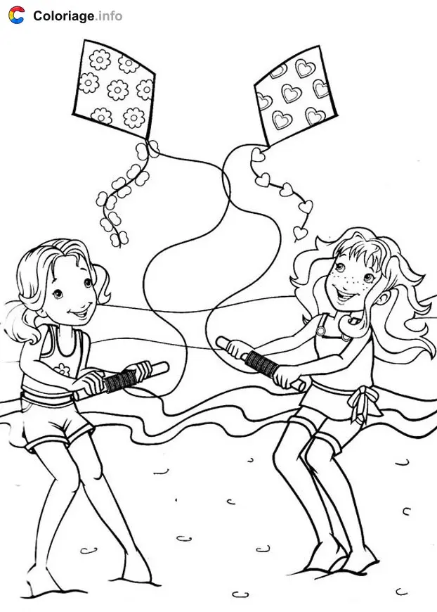 Coloriage Deux filles jouent au cerf volant a la plage - Été à imprimer