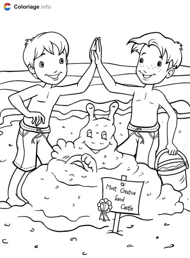Coloriage Deux garcons construisent un drole de chateau de sable à imprimer