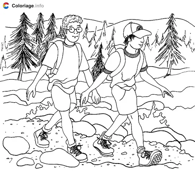 Coloriage Deux jeunes vont faire de l'escalade - Alpinisme à imprimer
