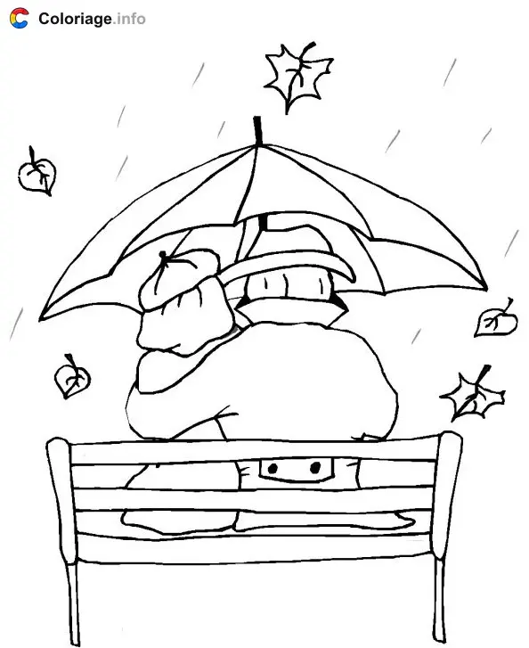 Coloriage Deux personnes sur un banc sous la pluie - Automne à imprimer