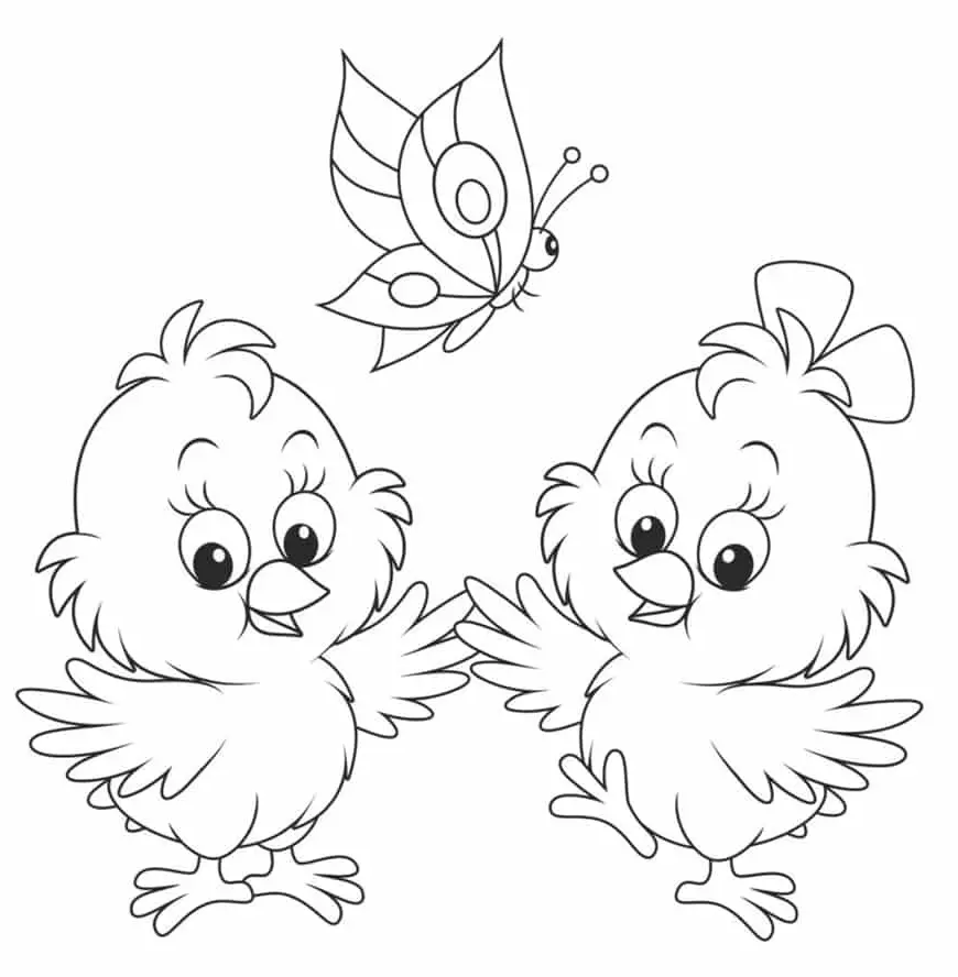 Coloriage Deux Poussins Avec Un Papillon - Papillon à imprimer