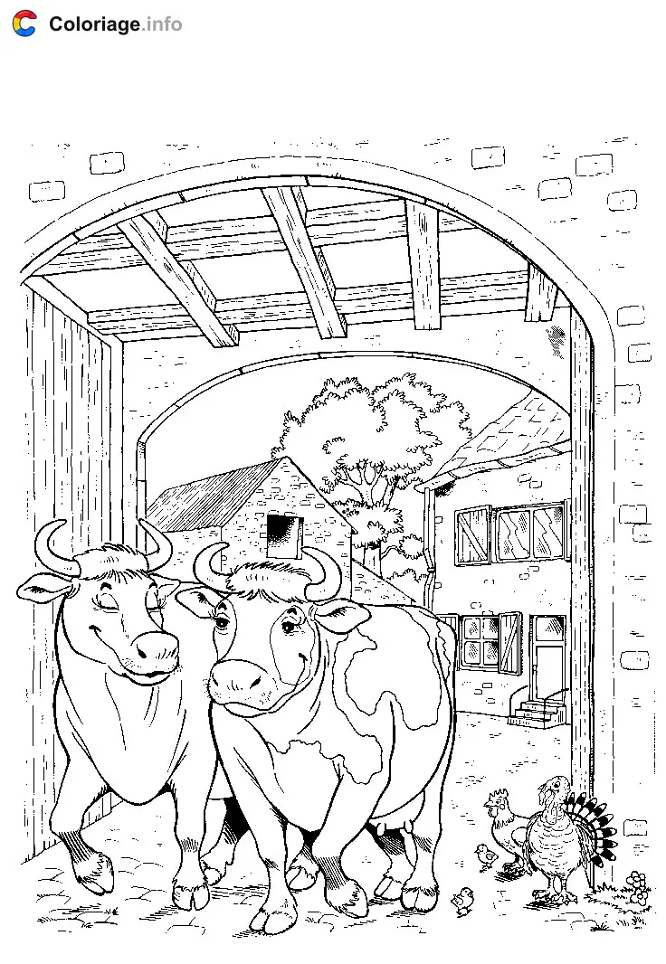 Coloriage Deux vaches dans une étable - Animaux de la ferme à imprimer