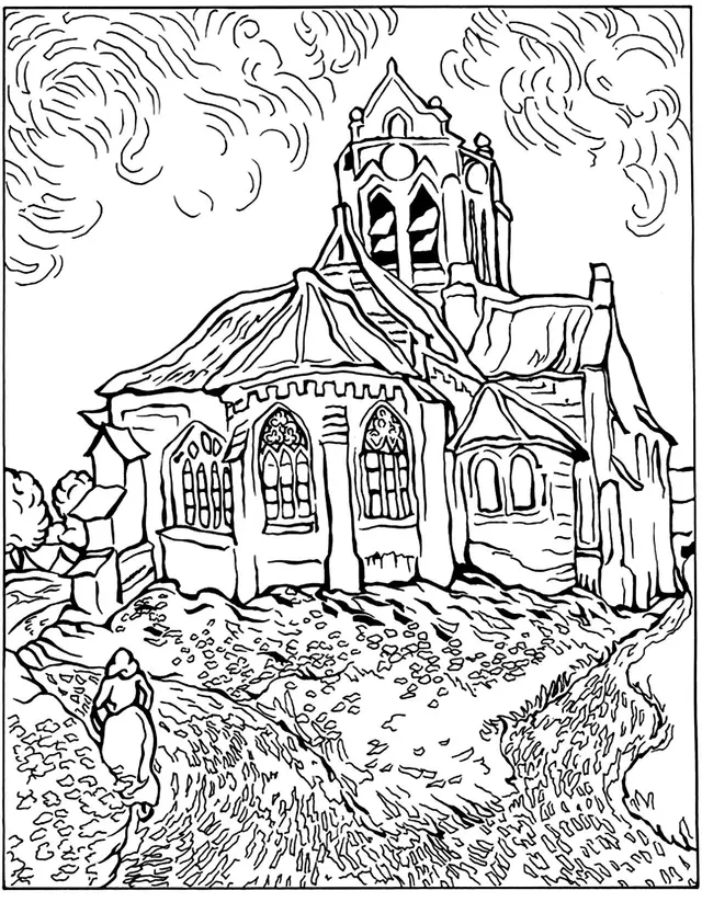 Coloriage Difficile Van Gogh Eglise Auvers - Art à imprimer