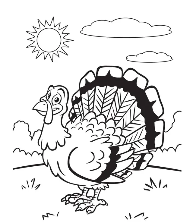 Coloriage Dinde Avec Un Jolie Soleil - Action de grâce à imprimer