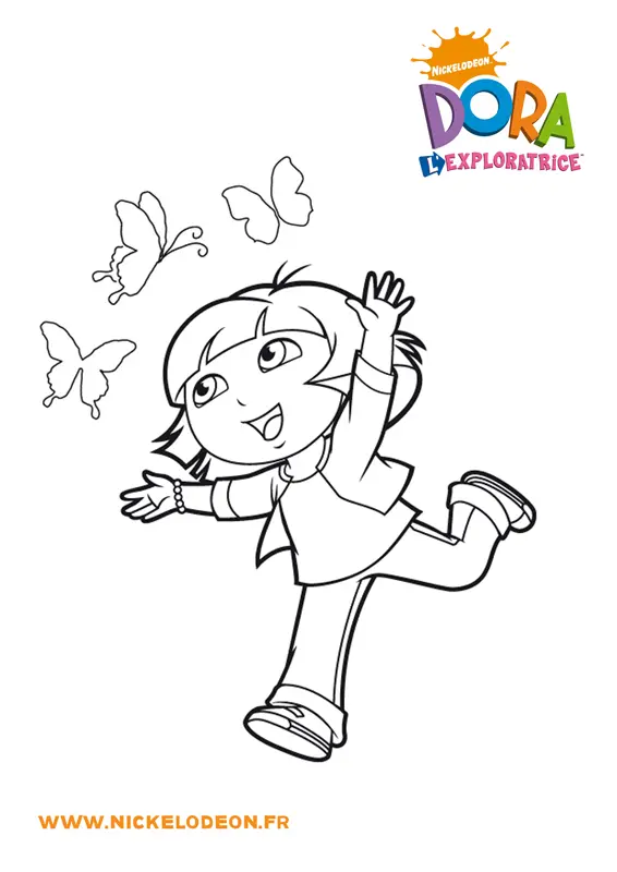 Coloriage Dora Court Après Les Papillons - Dora à imprimer