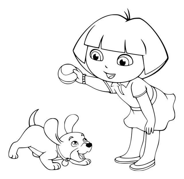 Coloriage Dora Joue Au Ballon Avec Le Chien - Dora à imprimer