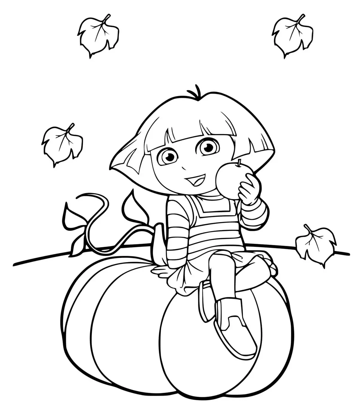 Ausmalbild Dora auf einem Halloween-Kürbis zum Ausdrucken