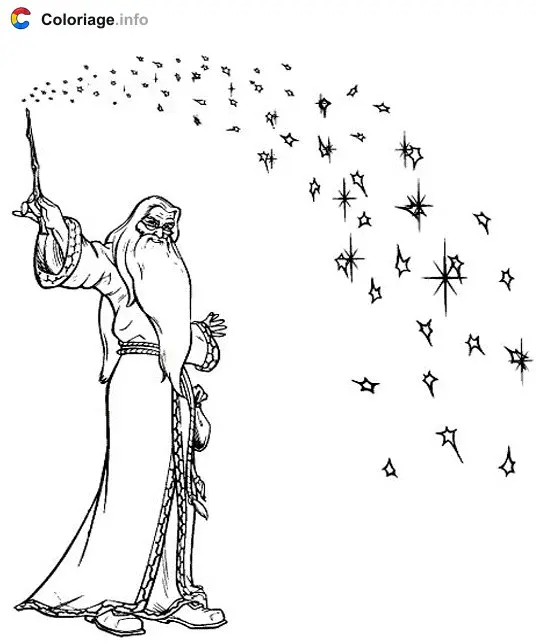 Coloriage Dumbledore utilise sa baguette magique - Harry potter à imprimer