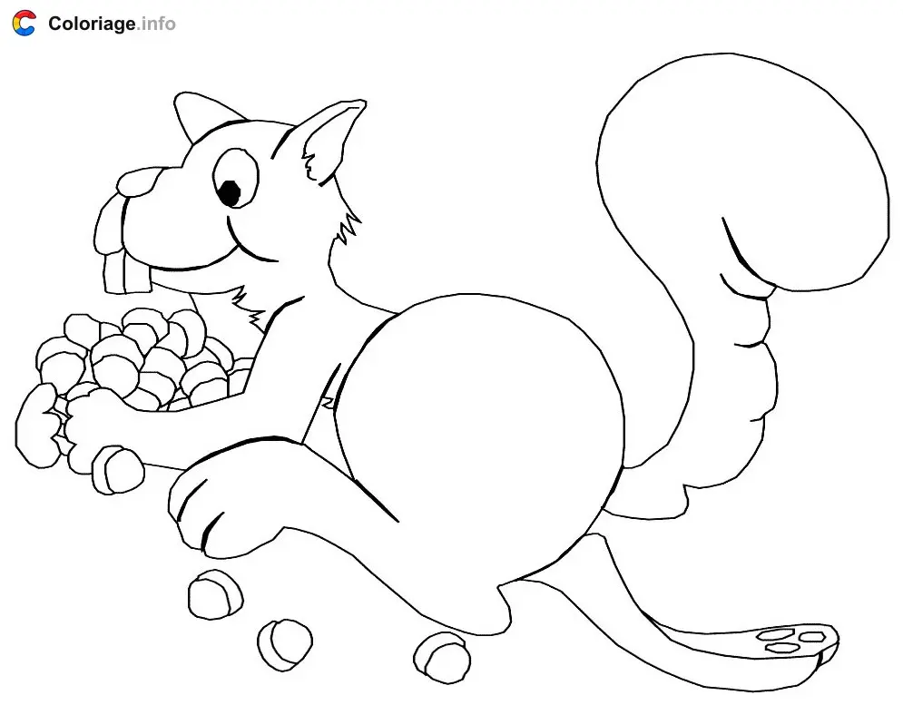 Squirrel with a Big Pile of Acorns coloring page to print