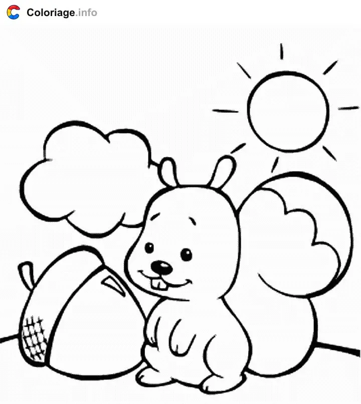 Squirrel with a Big Acorn in the Sunshine coloring page to print