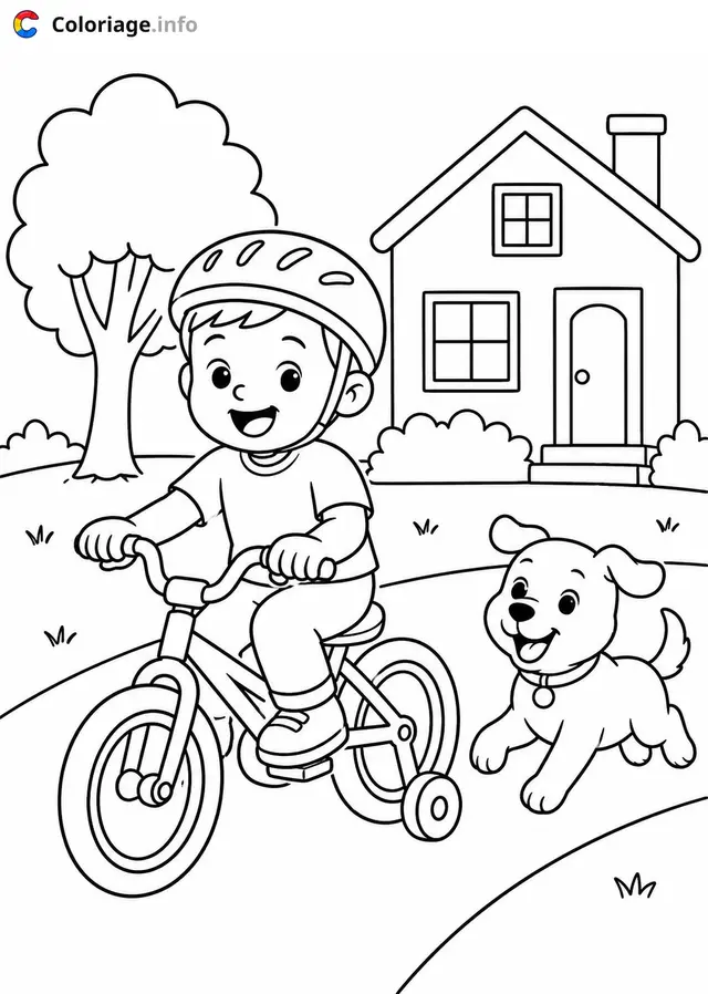 Coloriage Enfant à vélo avec son chien - Vélo à imprimer
